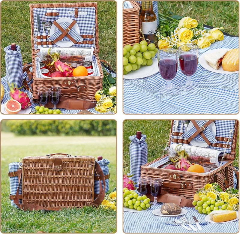 WILLOW WEAVE Picnic Baskets for 2, Picnic Basket with Waterproof Blanket, Picnic Basket Set with Washable Beach Mat & Large Insulated Cooler Compartment, Handmade Natural Wicker Hamper for Camping, Outdoor Party - Image 3